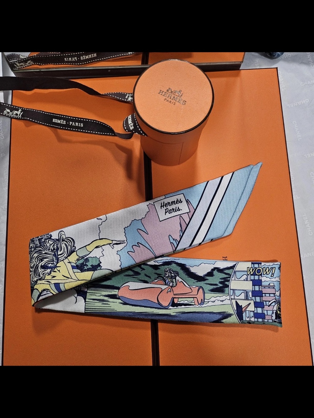 Hermes. WOW Comic Stripe Blue Twilly Scarf